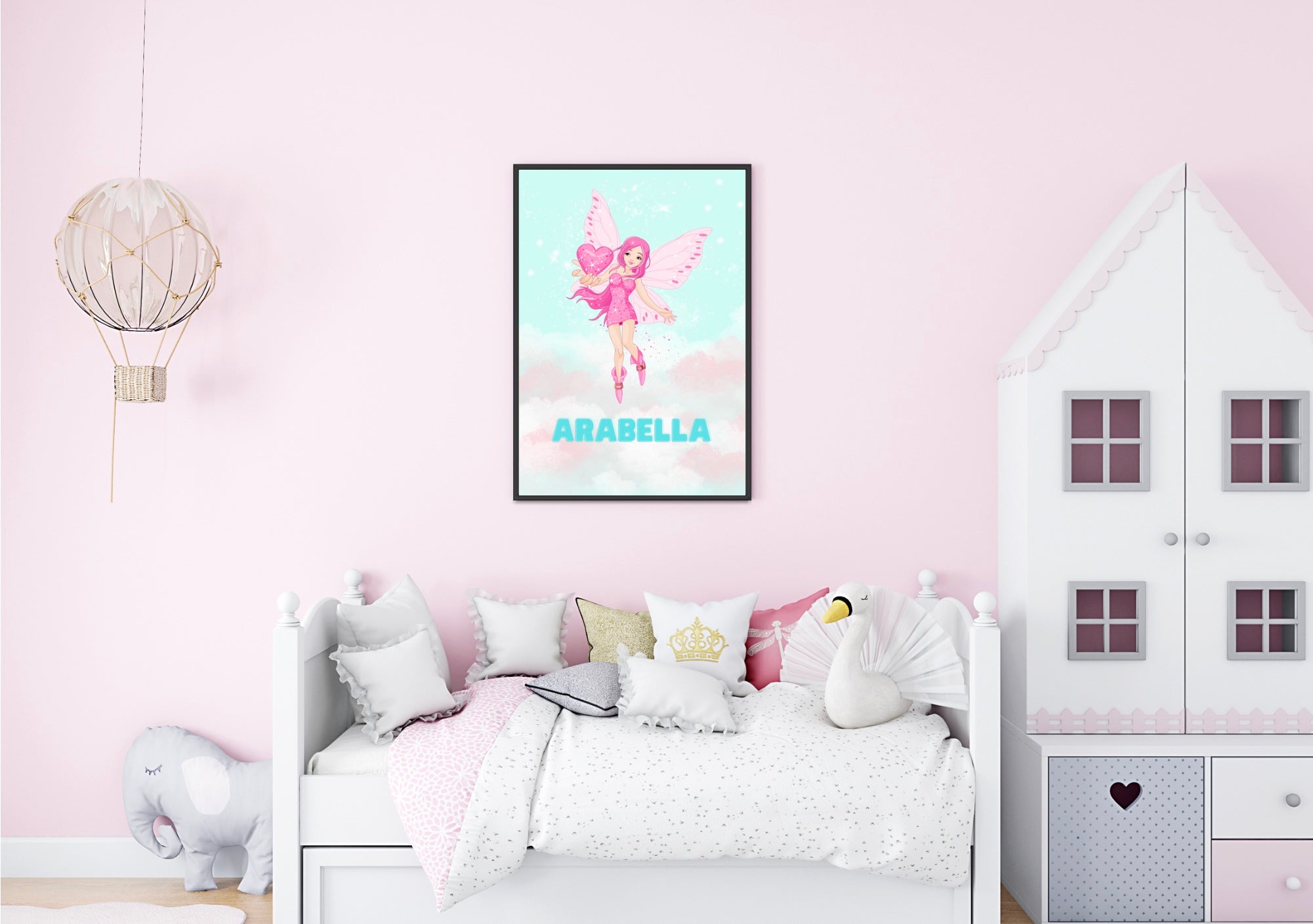 Kids personalised fairy wall art in a lifestyle setting